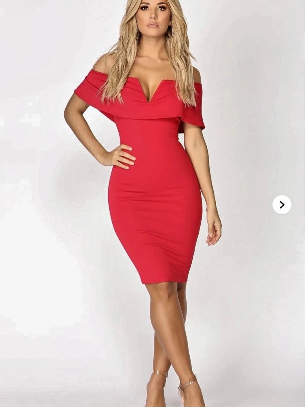 Fashion Nova Off-Shoulder Midi Dress in Red